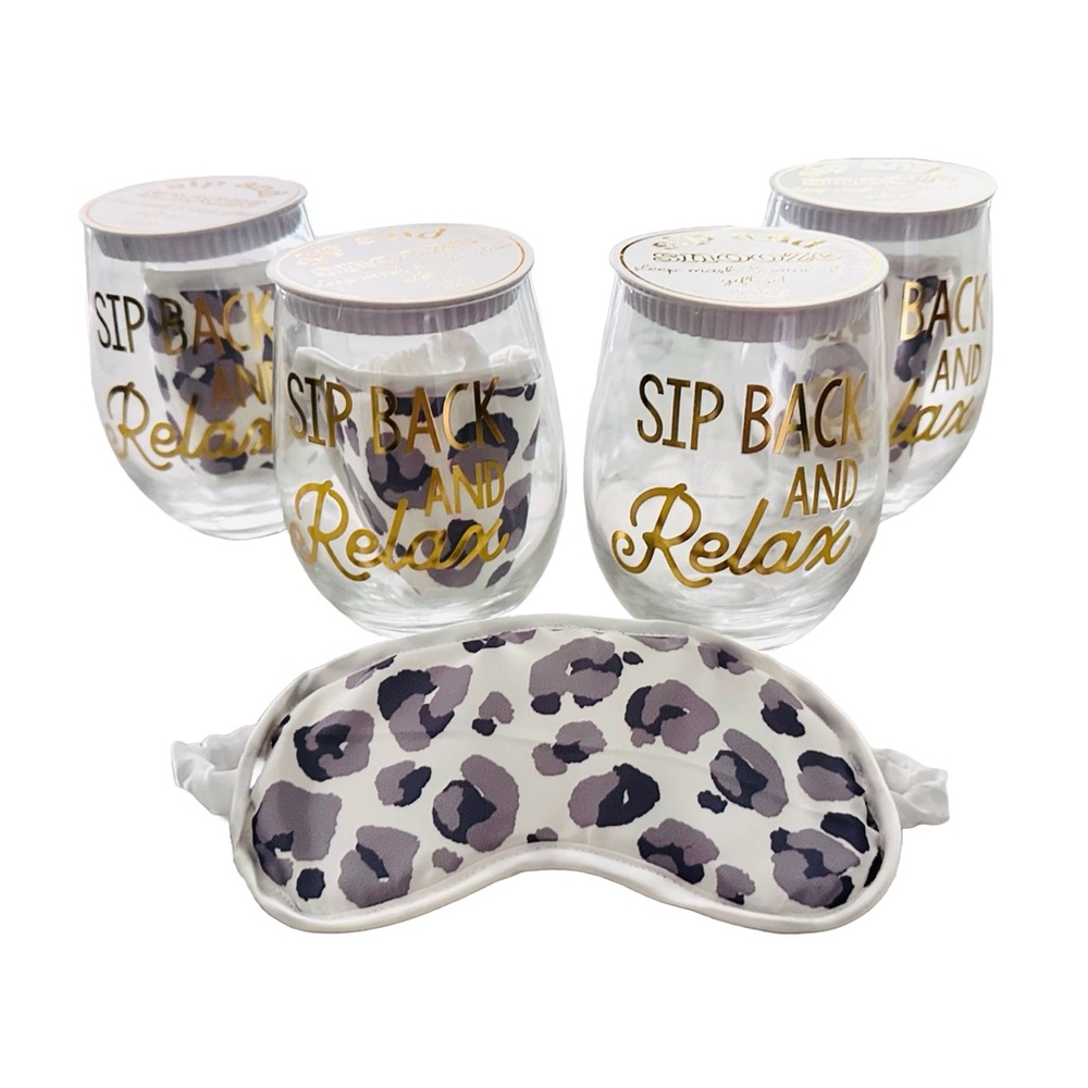 New, Mudpie Sip & Snooze, Set of 4, Sleep Mask & Wine Glass Gift Set